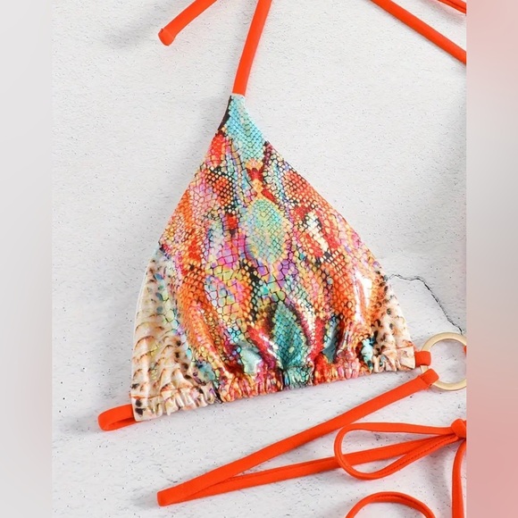 Orange Snakeskin Print Halter Tie Side Bikini Set - Picture 3 of 6